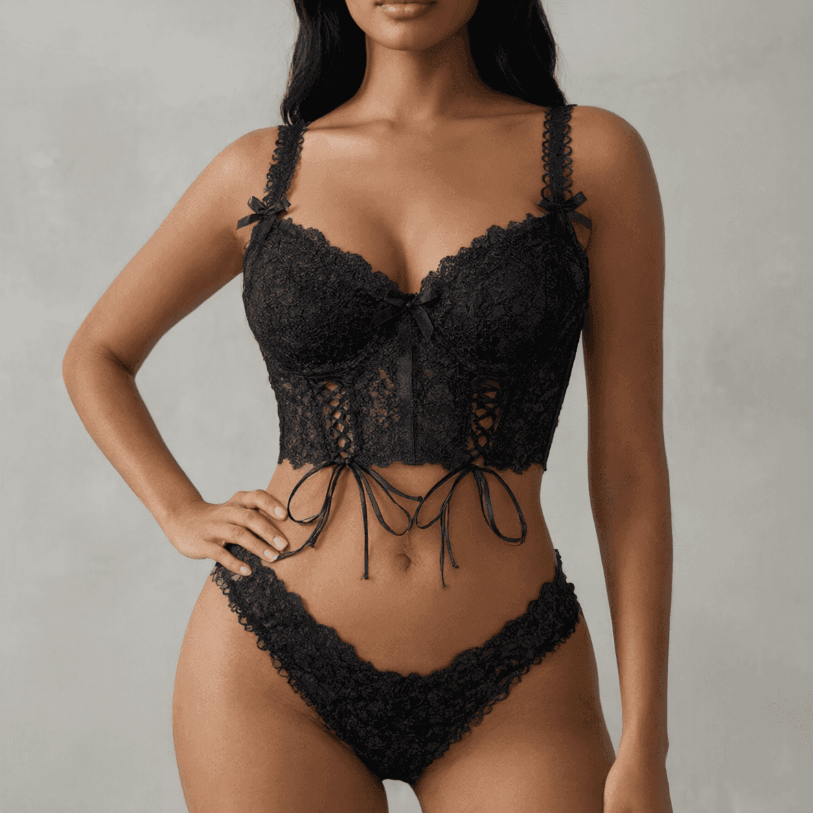 Floral Lace Longline Bustier and Thong Lingerie Set with Side Lacing, front product view