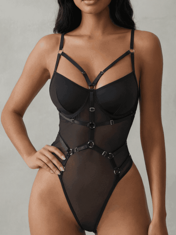 Strappy Sheer Mesh Bodysuit with Cage-Style Details, front product view