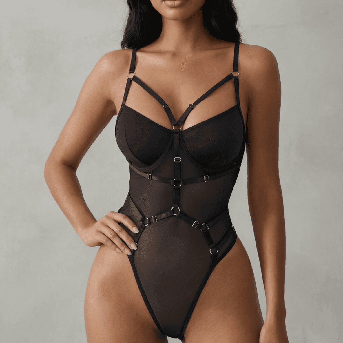 Strappy Sheer Mesh Bodysuit with Cage-Style Details, front product view