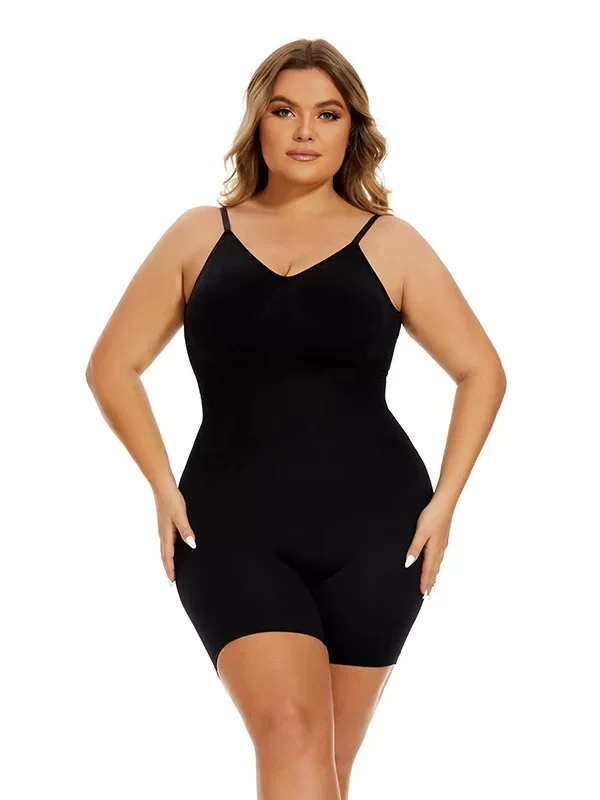 Black adjustable-strap low-back shaping bodysuit with mid-thigh shorts, front view