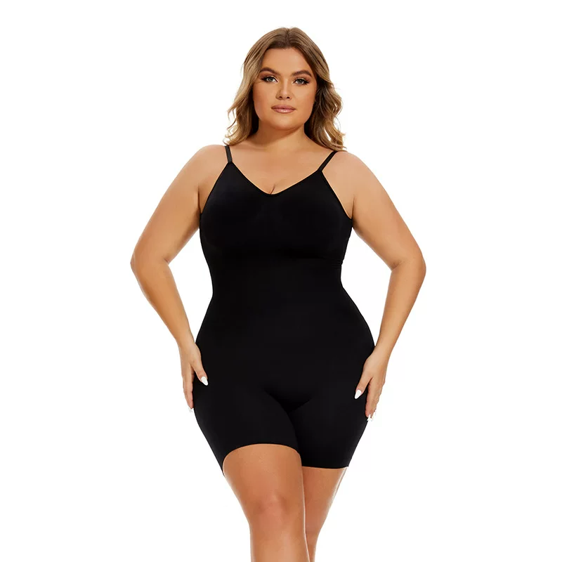 Black adjustable-strap low-back shaping bodysuit with mid-thigh shorts, front view