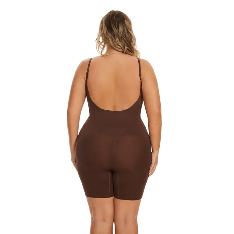 Coffee Brown adjustable-strap shaping bodysuit with low scoop back and shorts, rear view