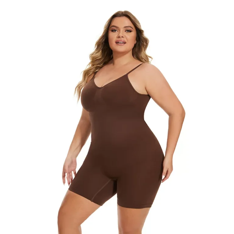 Coffee Brown adjustable-strap low-back shaping bodysuit with shorts, front view
