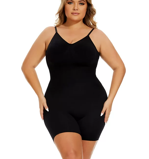 Seamless Adjustable-Strap Low-Back Shaping Bodysuit with Shorts, front product view