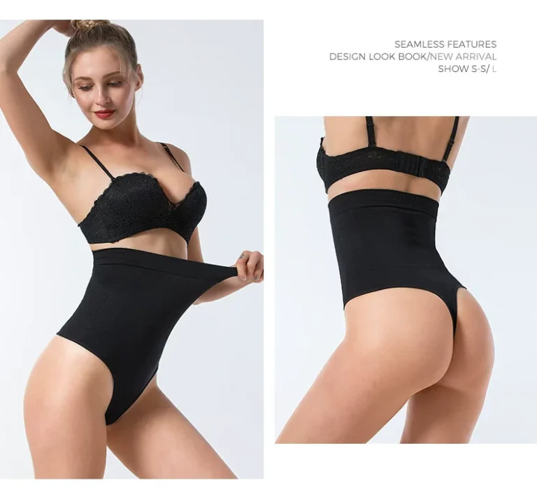 Black high-waist seamless thong shaper front, back and stretch views