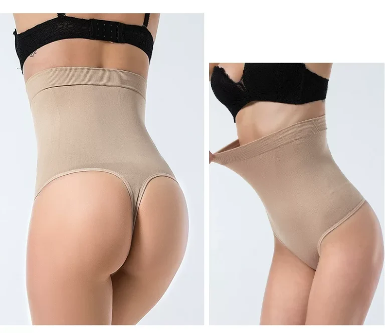 Nude high-waist seamless thong shaper front, back and stretch views