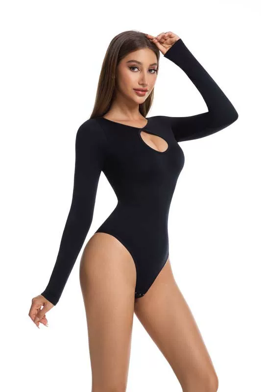 Black long-sleeve keyhole bodysuit side front view