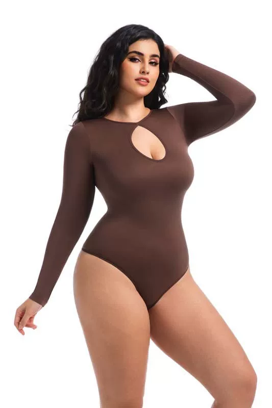 Coffee Brown keyhole thong bodysuit plus-size front view