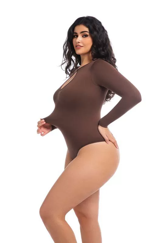 Coffee Brown keyhole bodysuit plus-size side view
