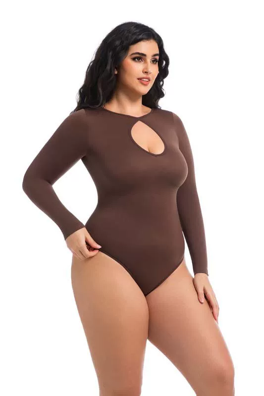 Coffee Brown keyhole bodysuit plus-size three-quarter view
