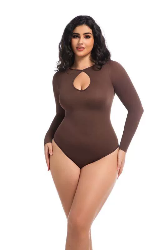 Coffee Brown long-sleeve keyhole shaping thong bodysuit plus-size front view