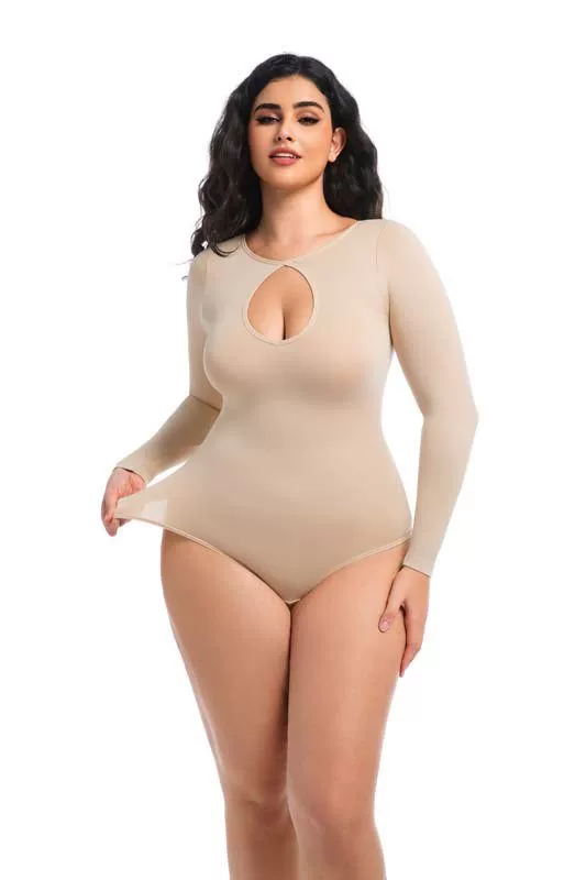 Nude keyhole thong bodysuit stretch demonstration