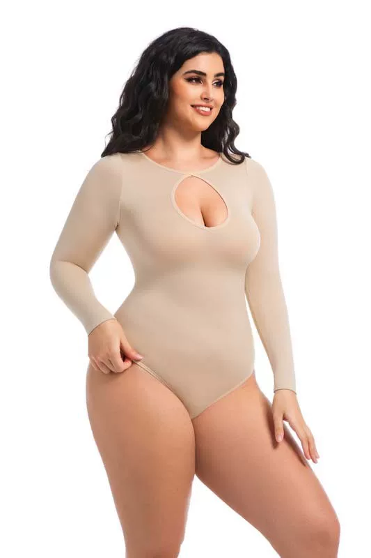 Nude long-sleeve keyhole bodysuit three-quarter view
