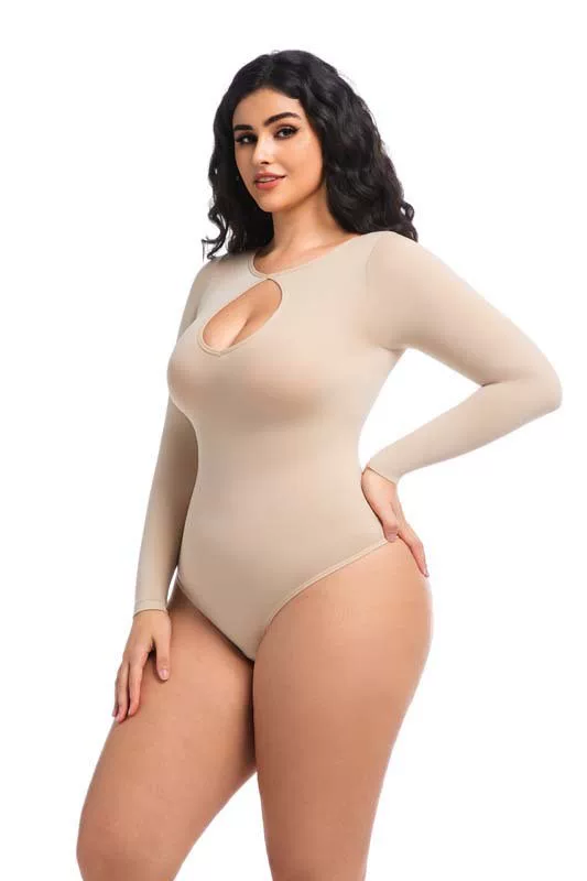 Nude long-sleeve keyhole bodysuit side front view
