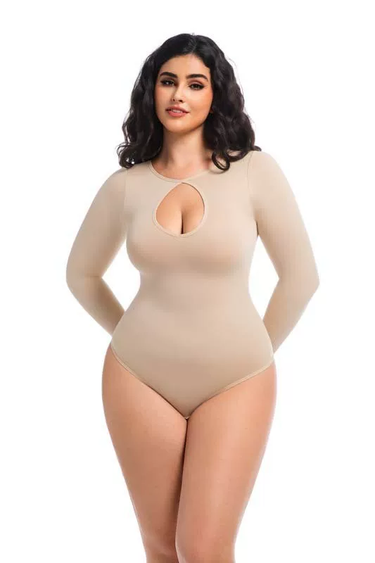 Nude long-sleeve keyhole thong bodysuit straight front view