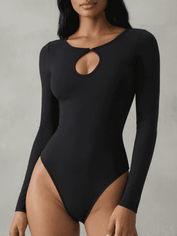 Long-Sleeve Keyhole Shaping Thong Bodysuit with Hook-and-Eye Crotch, front product view