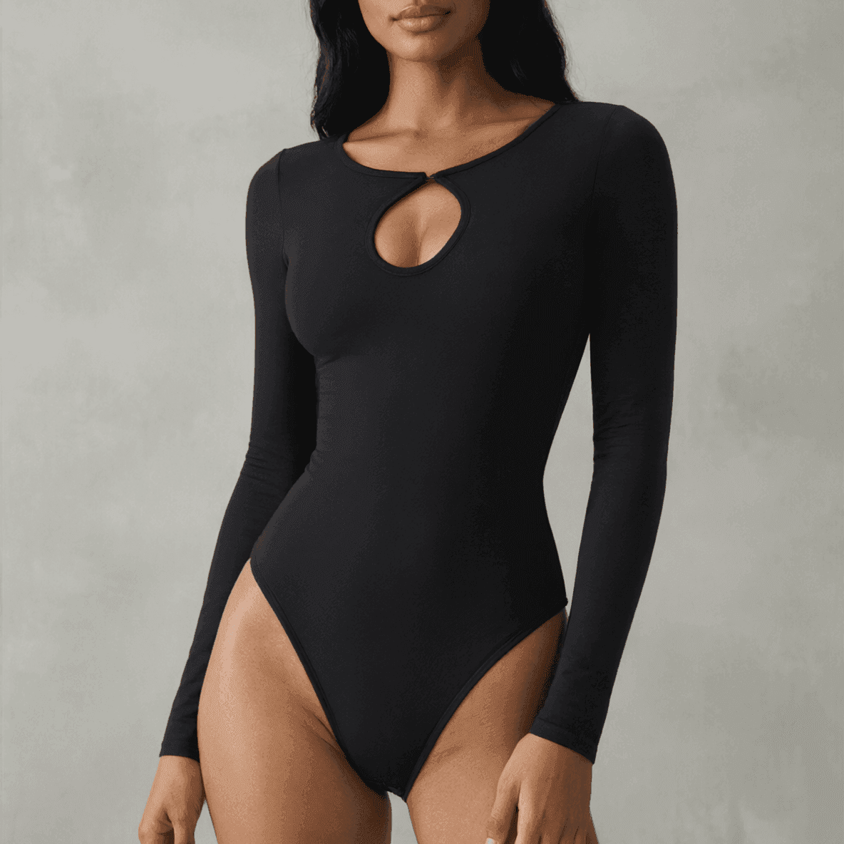 Long-Sleeve Keyhole Shaping Thong Bodysuit with Hook-and-Eye Crotch, front product view
