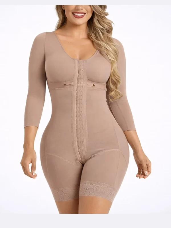Three-Quarter-Sleeve Front-Hook Mid-Thigh Shaping Bodysuit, front product view