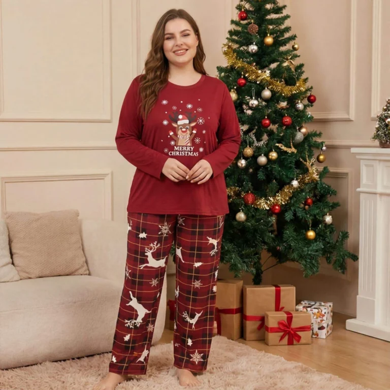 Plus size red Christmas reindeer pajama set with plaid pants, front view