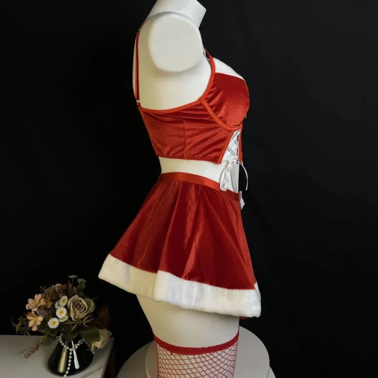 Red velvet Christmas lingerie set with white trim, side mannequin view