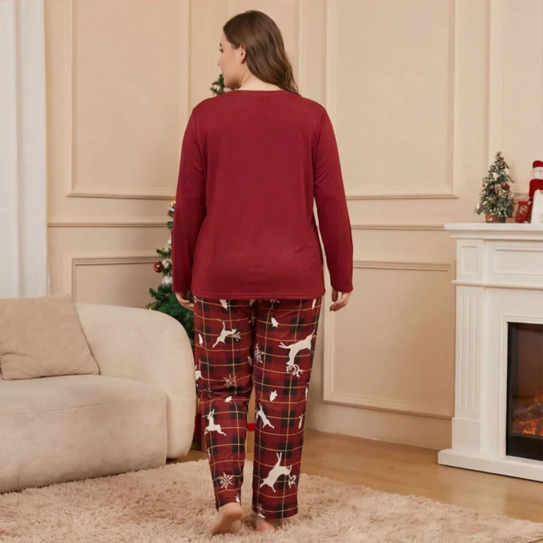 Plus size red Christmas reindeer pajama set with plaid pants, back view