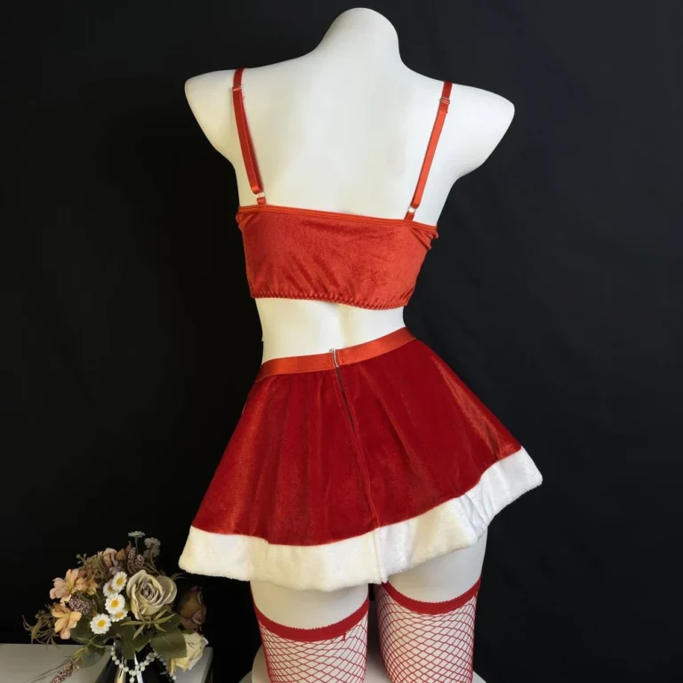 Red velvet Christmas lingerie set with mini skirt, back mannequin view