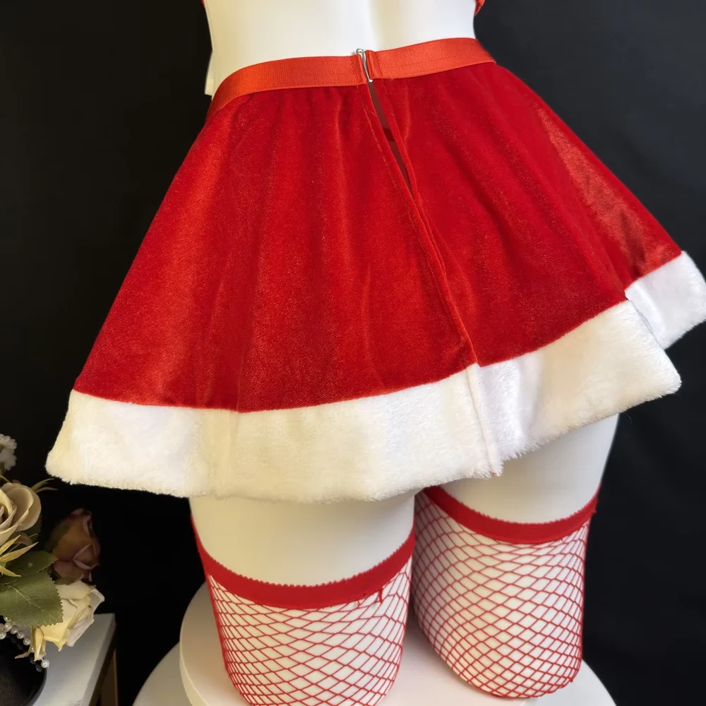 Red velvet Christmas mini skirt with white trim, back closure detail