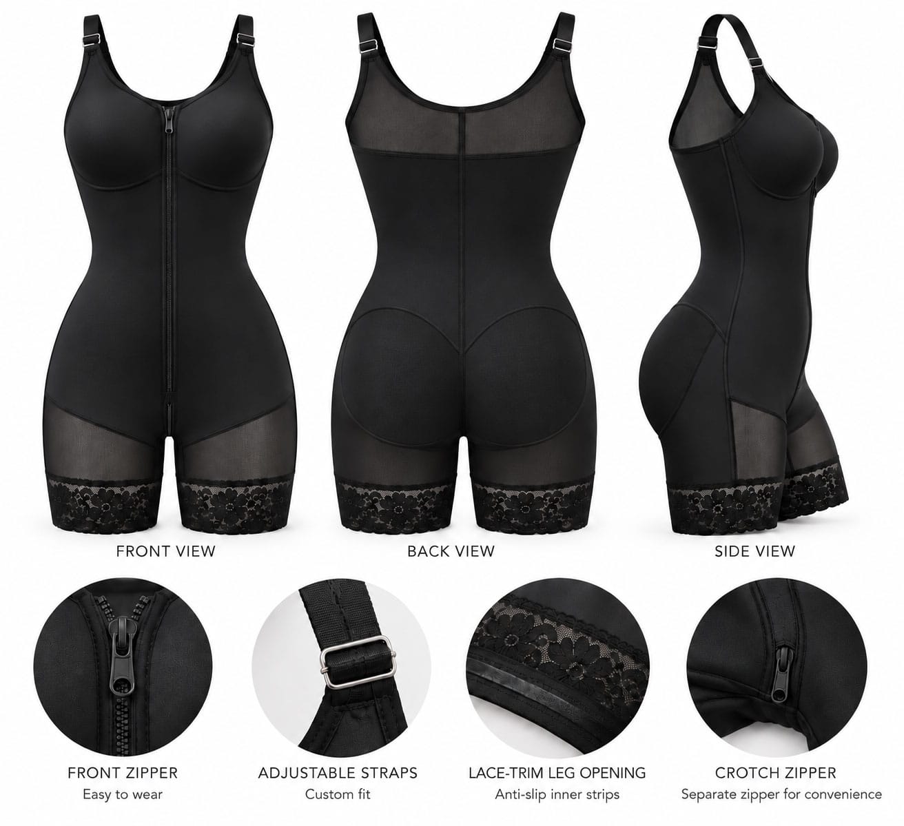 Black zip-front shaping bodysuit construction overview showing front back side and key garment details