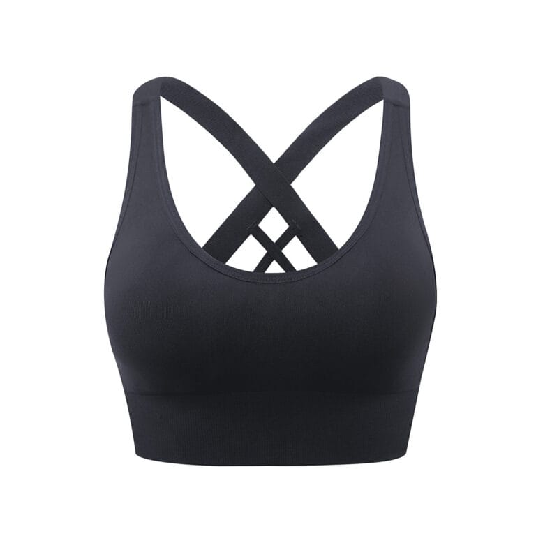 Black front-zip cross-back sports bra product view on white background