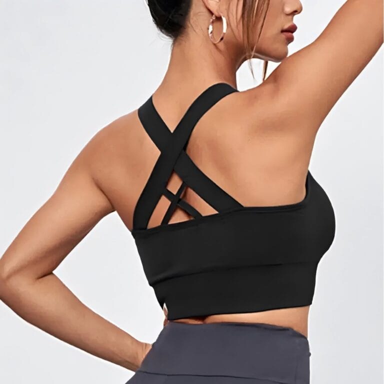 Black cross-back sports bra rear view showing wide crossed straps