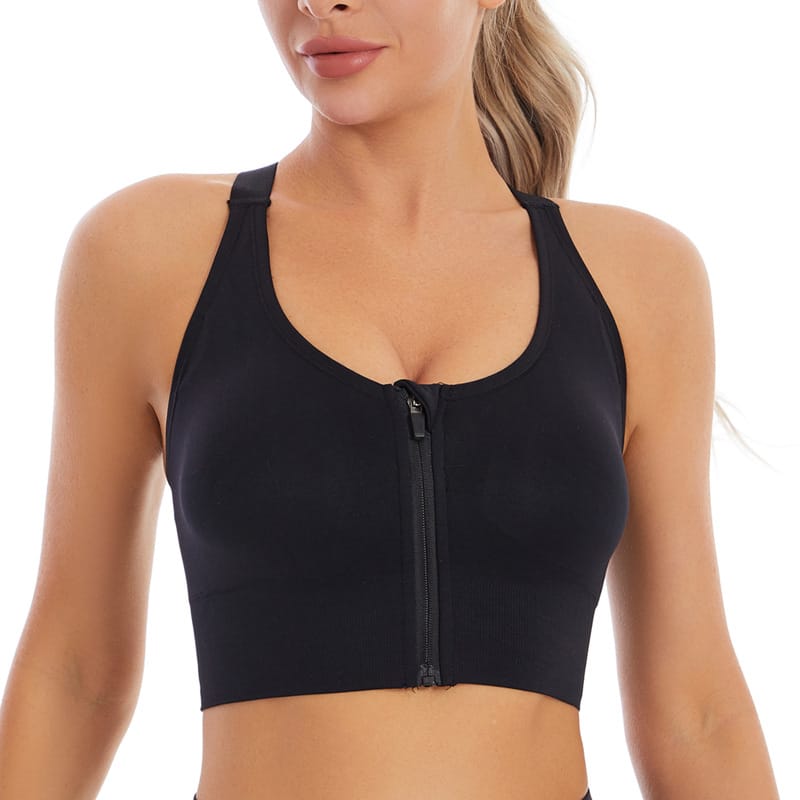 Black medium-support front-zip cross-back sports bra front view on model