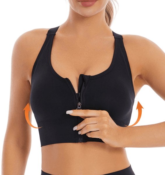 Black front-zip sports bra zipper opening demonstration on model